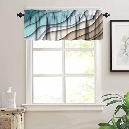 Teal Blue Beige Valance, Modern Geometric Abstract Brown Line Texture Print Blackout Rod Pocket Short Window Valance Curtain for Kitchen Cafe Bedroom Living Room, 54x18inch - color: Marble-25