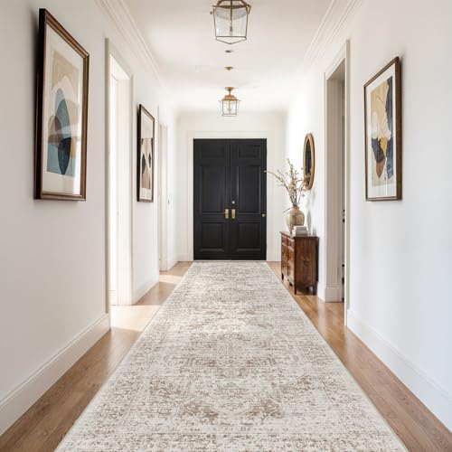 4x10 Washable Hallway Runner Rug: Vintage Wide Low Pile Rugs NaturalBeige - color: Ivory/Beige, size: 4x10