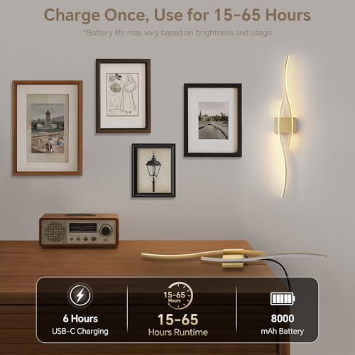 Wireless Wall Sconces Set of Two, Dimmable, 3CCT, Up to 65H Runtime - color: Brushed Brass, size: 23.6 inches (2 Pack)