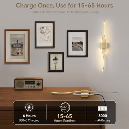Wireless Wall Sconces Set of Two, Dimmable, 3CCT, Up to 65H Runtime - color: Brushed Brass, size: 39.3 inches (2 Pack)