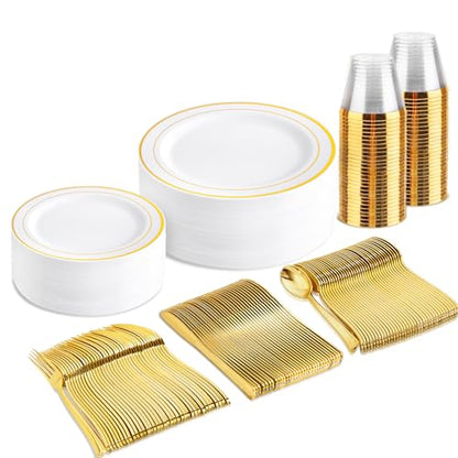 bUCLA 150PCS Gold Plastic Plates Disposable - Heavy Duty Gold Plates Include 25 Dinner & 25 Dessert Plates,25 Forks,25 Knives,25 Spoons&25 Cups for Party, Thanksgiving, Fall Harvest & Autumn - color: Gold