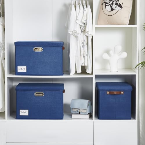 15" Fabric Storage Box with Lids, 3-Pack, Navy - color: Navy, size: Medium-15"
