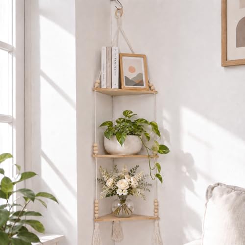 Artilady Macrame Corner Shelf Wall Hanging 3-Tier Adjust Boho Storage Decor - color: Beige 3-tier