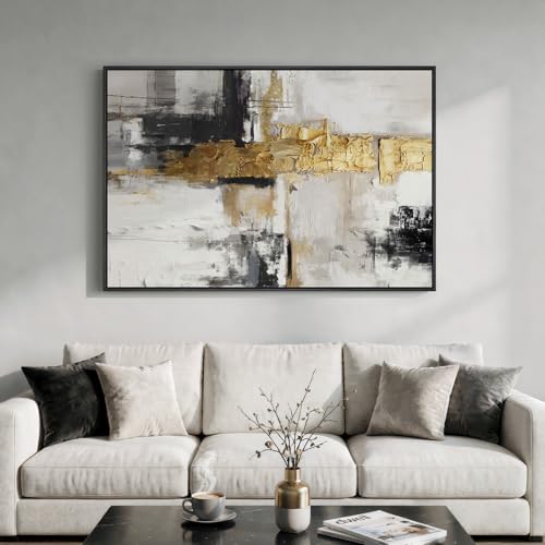 Extra Large Framed Black White Gold Abstract Wall Art, Vertical 40x60 In - color: Black and White Gold A, size: 60"L x 40"W