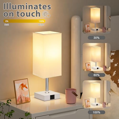Touch Table Lamp for Bedroom - Dimmable, USB C+A, White Lamphade White Base - color: White & White