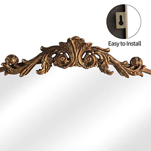 OUSHUAI Gold Traditional Vintage Ornate Baroque Mirror,Gold Brass Mirror for Wall,Victorian Antique Bronze Mirrors Arched for Bathroom/Living Room/Hallway/Fireplace 19"X27" - color: Retro Gold, size: 27"L x 19"W