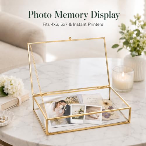 Feyarl Gold Glass Photo Cards Display Box Jewelry Trinket Ring Earring Post Cards Decorative Keepsake Box for Wedding Home Deco Dresser Coffee Table (8.66 x 5.9 x 1.96inch)