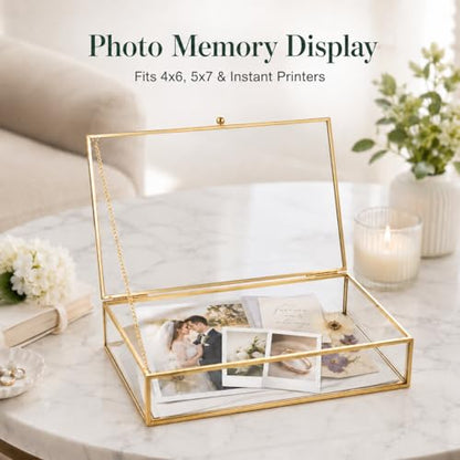 Feyarl Gold Glass Photo Cards Display Box Jewelry Trinket Ring Earring Post Cards Decorative Keepsake Box for Wedding Home Deco Dresser Coffee Table (8.66 x 5.9 x 1.96inch)