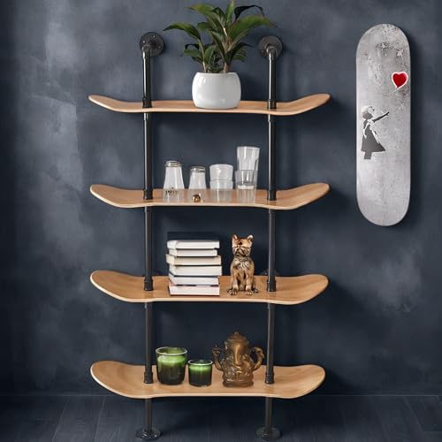 Industrial Pipe Bookcase, 4 Tier Shelf, Natural Wood Stain Finish - size: 4 Tier Shelf