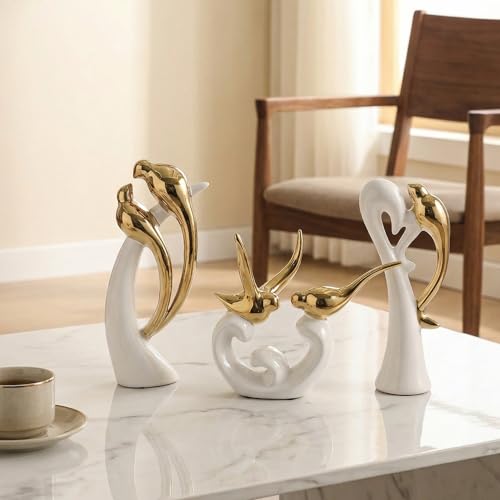Ceramic Statues Set of 3, Birds and Base Sculpture Modern Home Decor - color: White and Gold