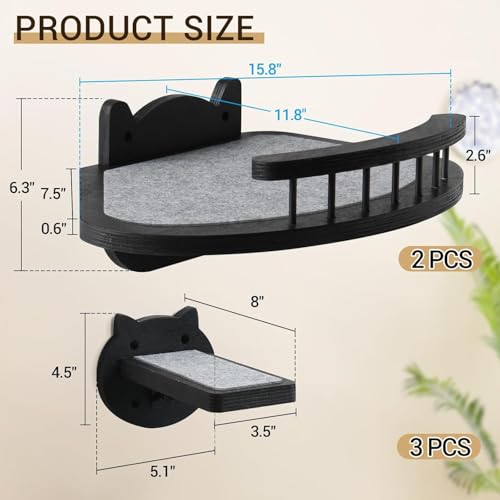 Cat Wall Shelves Furniture Set with Scratching Pad，Wooden Cat Climbing Wall Systems with 2 Perches and 3 Steps, Floating Shelves Bed Wall Mounted for Indoor Fit Up to 15Lbs (Black) - color: Black