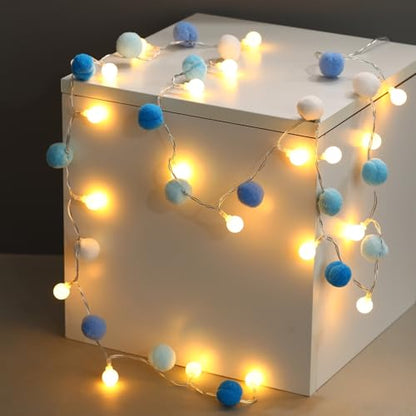 9.84FT Pom Poms Fairy Lights 30 LED Battery & USB Operated String Lights - color: Blue, size: 9.54 FT
