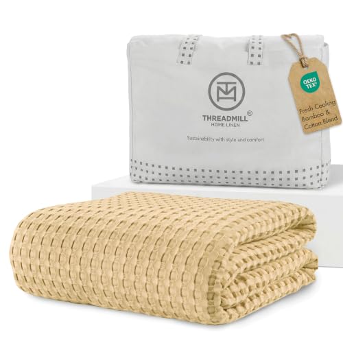 Threadmill Twin Waffle Bed Blanket, Rayon Derived from Bamboo, Beige - color: Beige, size: Twin (68" x 92")