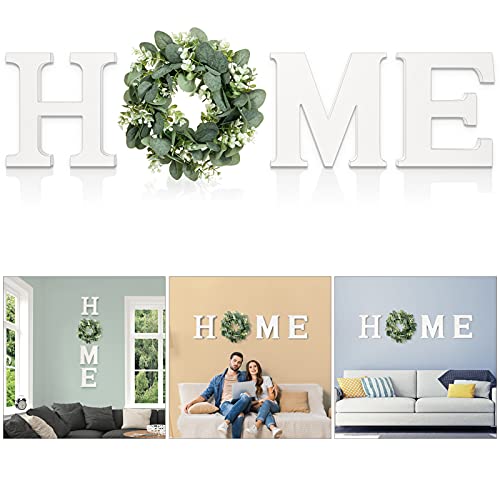 MAYICIVO Modern Wooden Home Sign with Artificial Eucalyptus Wreath, White and Beige, 13.81 inches Diameter, Wall Mount, MDF Wood, Plastic - color: White
