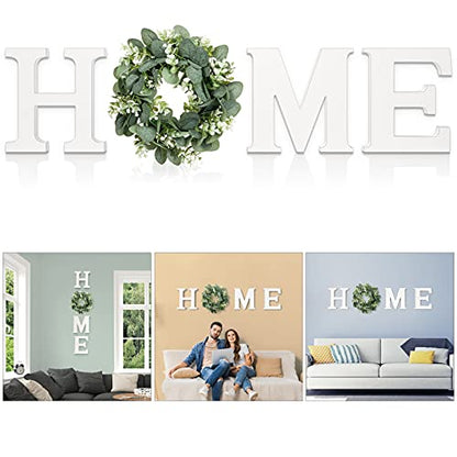 MAYICIVO Modern Wooden Home Sign with Artificial Eucalyptus Wreath, White and Beige, 13.81 inches Diameter, Wall Mount, MDF Wood, Plastic - color: White