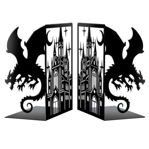 Peacoblue 5.5"x4.3"x8.3" Metal Bookends, Heavy Duty Book Ends for Shelves - style: Dragon with Castle and Moon