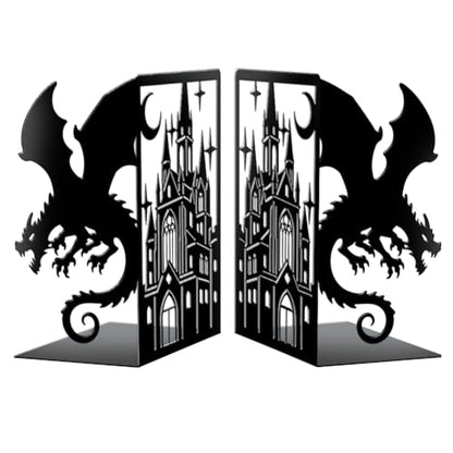 Peacoblue 5.5"x4.3"x8.3" Metal Bookends, Heavy Duty Book Ends for Shelves - style: Dragon with Castle and Moon