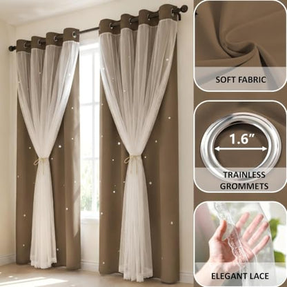 Coffee Kids Star Cutout Curtains for Bedroom 52" W x 63" L 2 Panels - color: Coffee, size: 52"W x 63"L (Pack of 2)