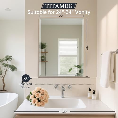 22x30 Inch Frameless Wall Mirror with 1" Beveled Edge, Frameless Rectangle Mirror for Bathroom, Vanity, Living Room - size: 22"L x 30"W