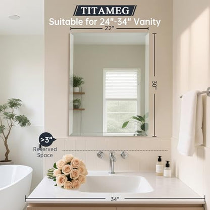 22x30 Inch Frameless Wall Mirror with 1" Beveled Edge, Frameless Rectangle Mirror for Bathroom, Vanity, Living Room - size: 22"L x 30"W