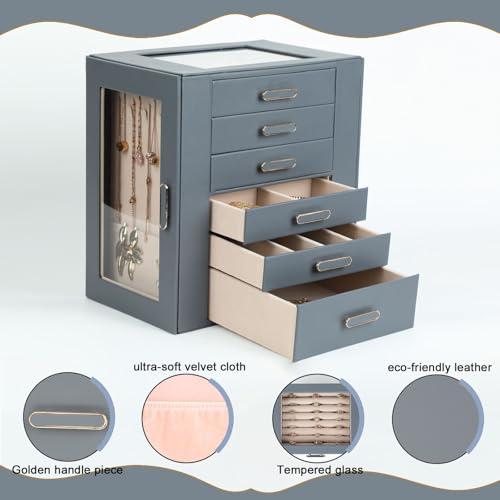 BOOVO Clear Lid Jewelry Box 6 Layer Jewelry Organizer(Grey, 6 Layer) - color: Grey, size: 6 Layer