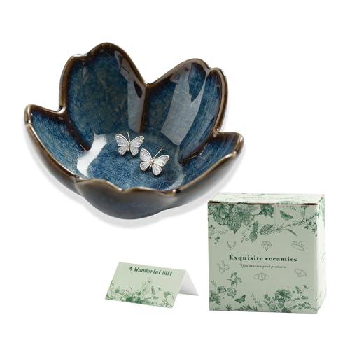 Mecaikru Ceramic Jewelry Tray, 3.5 in Flower Ring Dish with Gift Box & Card - color: blue