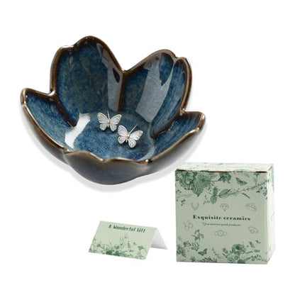 Mecaikru Ceramic Jewelry Tray, 3.5 in Flower Ring Dish with Gift Box & Card - color: blue