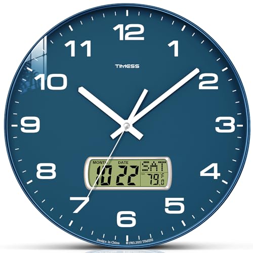 TIMESS 12-Inch Non-Ticking Analog Wall Clock with LCD Display, Blue - color: Blue, size: 12 Inch