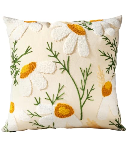 Embroidered Throw Pillow Cover, 20x20 Inch, Daisy - color: Daisy, size: 20" x 20" (Pack of 1)
