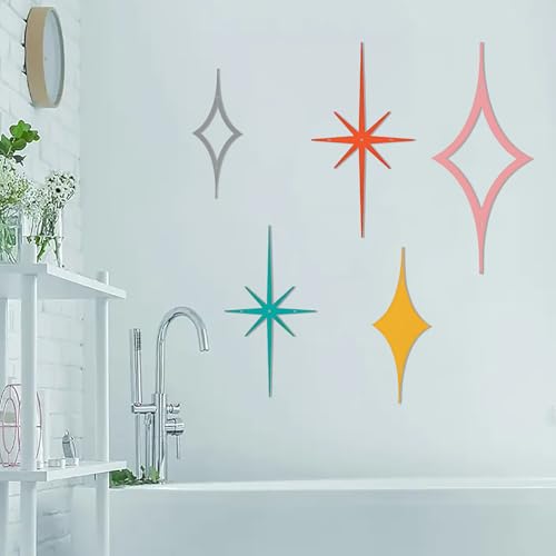 ELENWYNN 5 Pcs Metal Starburst Shaped Wall Decor Art, Iron Mid Century Modern Sculpture, Retro Atomic Stars Sign, Elegance Accents Vintage Celestial Whimsigoth Hangings For Home Office Room-Red - color: 5-Pcs Star Set - Red