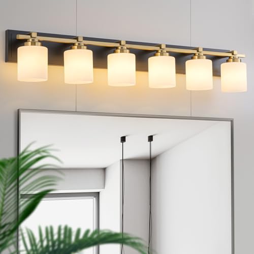 Modern Bathroom Light Fixtures Over Mirror, Vanity Lights for Bathroom Wall Sconces with Milky White Glass Shades, E26 Socket (Bulbs Not Included), 6 Light, Black Gold - color: Black Gold, size: 42.12 inch-6-Light