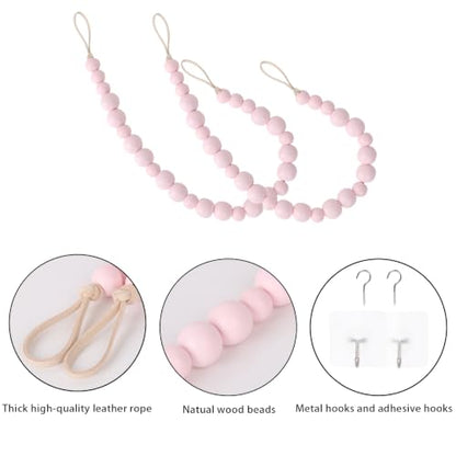 Boho Wood Bead Curtain Tiebacks Curtain Holdbacks with Hooks - color: Pink