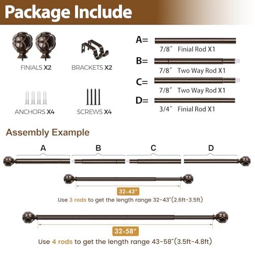 KAMANINA Curtain Rod 32 to 58 Inch, Antique Bronze Adjustable Drapery Rods - color: Antique Bronze, size: 32-58"