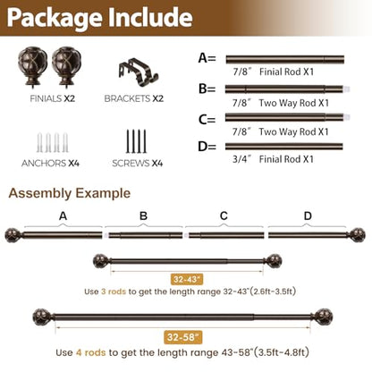 KAMANINA Curtain Rod 32 to 58 Inch, Antique Bronze Adjustable Drapery Rods - color: Antique Bronze, size: 32-58"