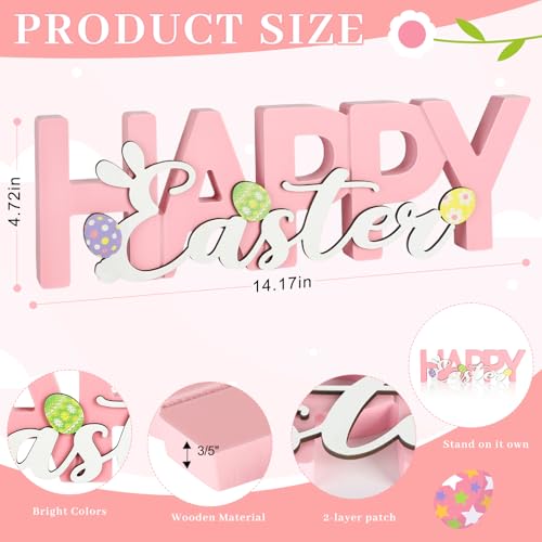 COCHIE Wooden Happy Easter Sign, Spring Decorations for Home, Office, Shelf, Mantel, Indoor, Wood Bunny Ear Egg Decor, Pink Spring Table Top Party Supplies Decoration (Easter) - color: Easter