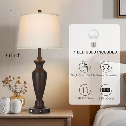 30" Tall Brown Table Lamp for Living Room, Touch Control Bedside Lamp for Bedroom Nightstand, 3-Way Dimmable Farmhouse Lamp with Charging Ports (1 Pack) - color: Brown - 30"H - 1 Pack