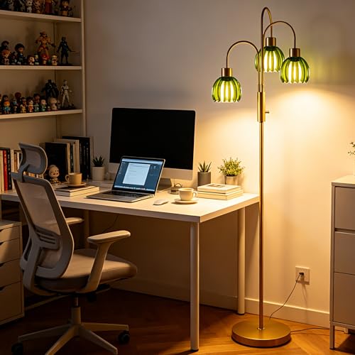 Green Lotus Glass Floor Lamp 3-Light 70" Gold Dimmable Tall Standing Lamp - color: Green Lotus-Gold