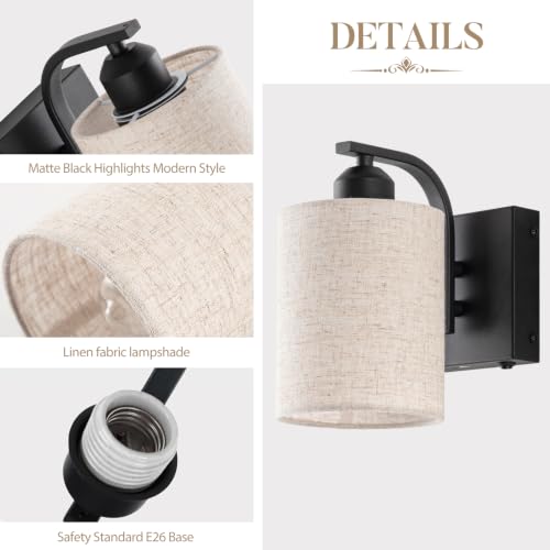 BELS 8 Inch Battery Operated Wall Sconces Set of 2, Farmhouse Black Wall Lights Fixture with Fabric Shade, 3 Colors Temperature, Remote Control, Dimmable, Wall Sconces for Mirror, Bathroom, Bedroom - color: Fabric
