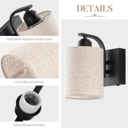 BELS 8 Inch Battery Operated Wall Sconces Set of 2, Farmhouse Black Wall Lights Fixture with Fabric Shade, 3 Colors Temperature, Remote Control, Dimmable, Wall Sconces for Mirror, Bathroom, Bedroom - color: Fabric