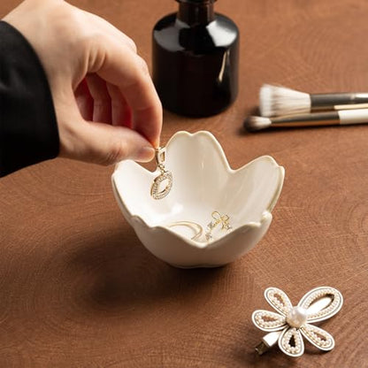 Ceramic Ring Holder Tray, Floral Trinket Bowl for Jewelry - color: white