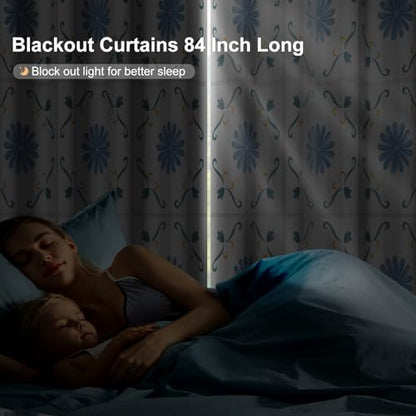 Blue Blackout Curtains 84 Inch Long 2 Panels Set, Gingham Floral Pattern Window Thermal Blackout Curtains for Bedroom and Living Room, Soundproof Privacy Thermal Insulated Curtains with Rope Tiebacks - color: Plaid Daisy Print
