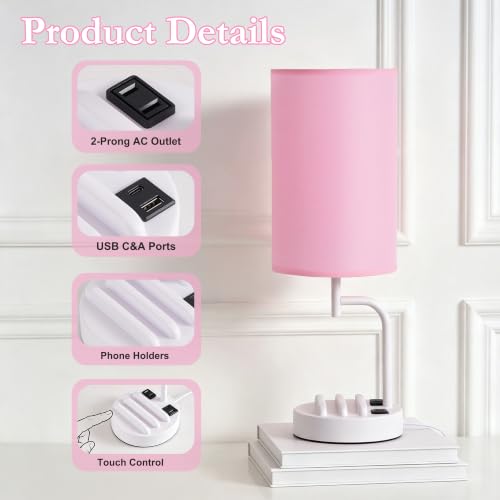 Dreamholder Touch Control USB Table Lamp with USB C/A & AC Outlet, 3-Way Dimmable Bedside Lamp, Modern Nightstand Lamps for Bedroom Living Room Guest Room Office, Bulb Included, White Pink - color: White Pink