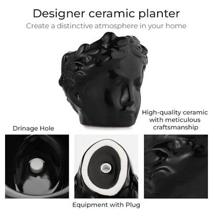 Small Head Planter - Ceramic Face Planter Pots for Indoor Plants, Cute Funny Succulent Pot with Drainage Hole, Unique Gift, 3.9" - color: Black