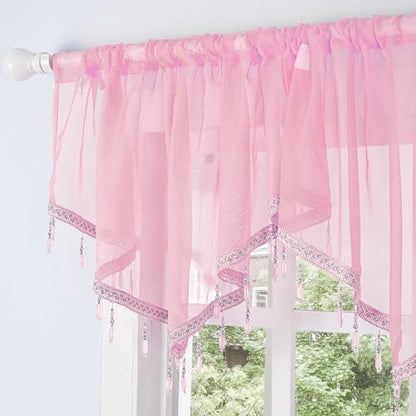 Molaxhome Swag Curtain Scalloped Curtain Valance Drape Sheer Lace Panel 1pc - color: Pink