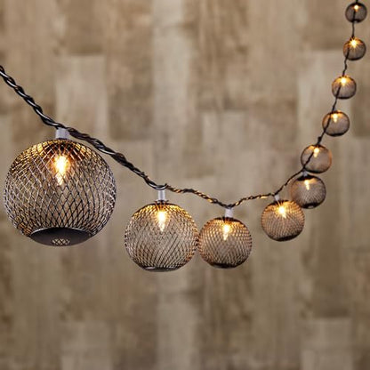 Decorative Lantern String Lights Plug in with 10 Black Metal Ball, Connectable Waterproof Outdoor Decorative String Lights Indoor for Bedroom Patio Pergola Festive Decor