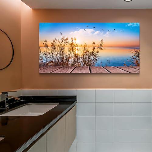 MHARTK66 Large Coastal Beach Sunset Canvas Wall Art for Living Room, 60x30 - color: Blue Sunrise Scenery (Wrapped Canvas), size: 60"L x 30"W