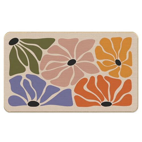 Abstract Boho Floral Faux Linen Door Mat, Modern Minimalist Colorful Flower Doormat Outdoor Indoor Entrance Porch, Mid Century Modern Welcome Mats for Front Door, 17x30 Inch - color: Boho 1