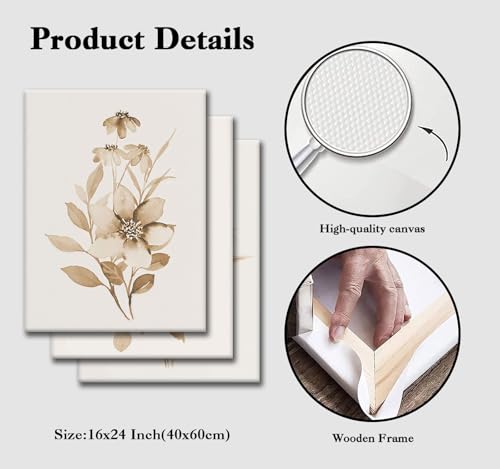 Neutral Botanical Canvas Wall Art Set of 3, Beige Floral Prints, 16x24 - color: monochrome flowers and plants, size: 16x24 inch