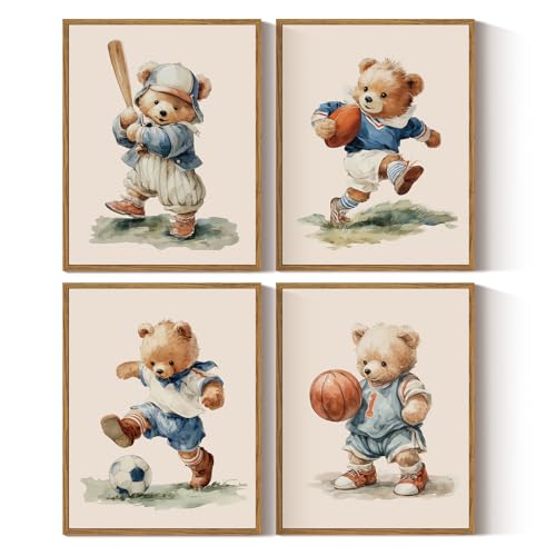 InSimSea 4 pcs Framed Canvas Art, Cute Sports Bears Watercolor Art Prints, Funny Playful Wall Pictures Decor for Kids Room Bedroom Playroom Nursery,11x14in,set of 4, Neutral Maximalist Decor - color: Cute Sports Bears