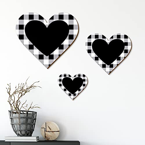 Jetec 3 Pcs Wood Heart Wall Decor Farmhouse Plaque, Black Heart Plaid - style: Rustic